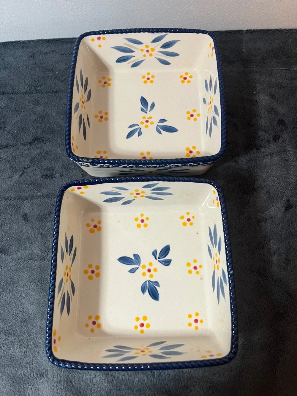 Temptations Temp-Tations Old World  Blue  Yellow Square Ceramic Serving Bowls 2